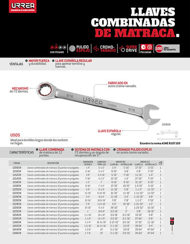 Llave Combinada Urrea 1208cm De Matraca 1/4