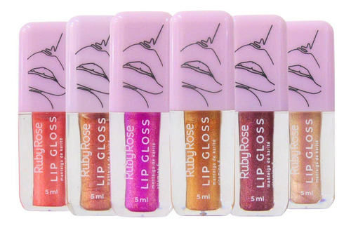 Kit 6 Lip Gloss Ruby Rose Glitter 5ml - Hidratante