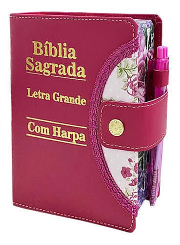 Bíblia Sagrada Feminina Letra Grande Botão - Pink C/ Harpa 