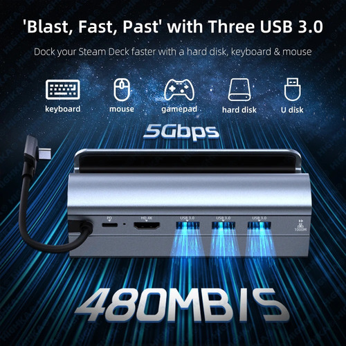 Dock 6 Em 1 Para Steam Deck E Rog Ally - Hdmi 4k 60hz Preto
