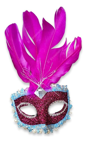 Máscara De Carnaval Veneziana  De Luxo Com Pluma E Pedra Cor Pink