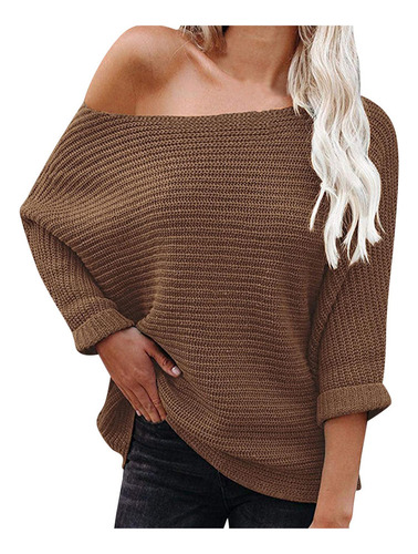Jersey De Punto Holgado De Color Liso Para Mujer Con Hombros