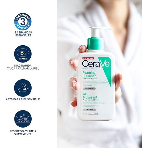 Imagen 4 de 5 de Gel Limpiador Espumoso Cerave 236 Ml Piel Normal A Grasa Neutro Pote