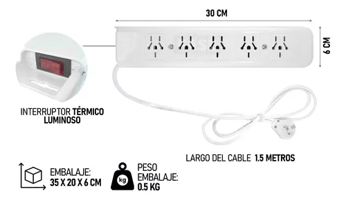 Asimilación Ambigüedad Mareo Zapatilla Eléctrica 5 Tomas 1.5mts Interruptor Térmico 10a | MercadoLibre