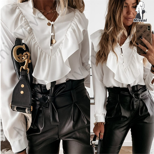 Camisa De Cuello Alto Con Botones Y Volantes En V