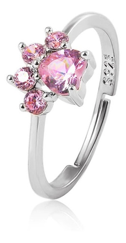 Anillo Mujer Patita Perro Ajustable Plata Zirconia Rosa