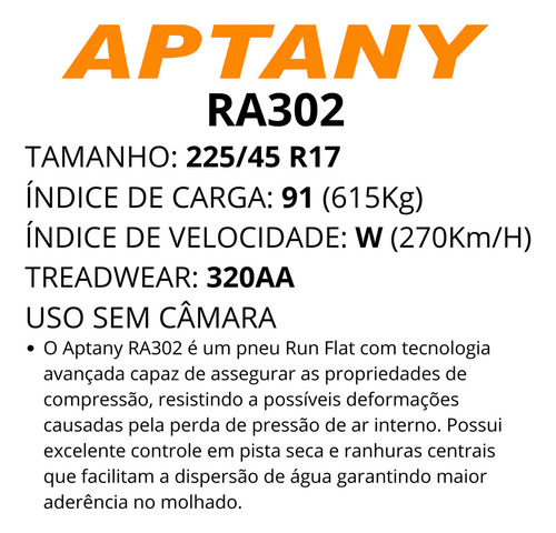 Kit de 2 pneus Aptany Beetle Bora Golf Passat RA302 P 225/45R17 Run Flat 91 (615Kg)