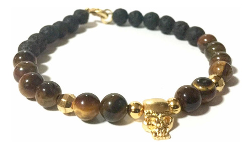 Pulsera Baño De Oro, Piedra Volcánica Y Ojo De Tigre. Protec