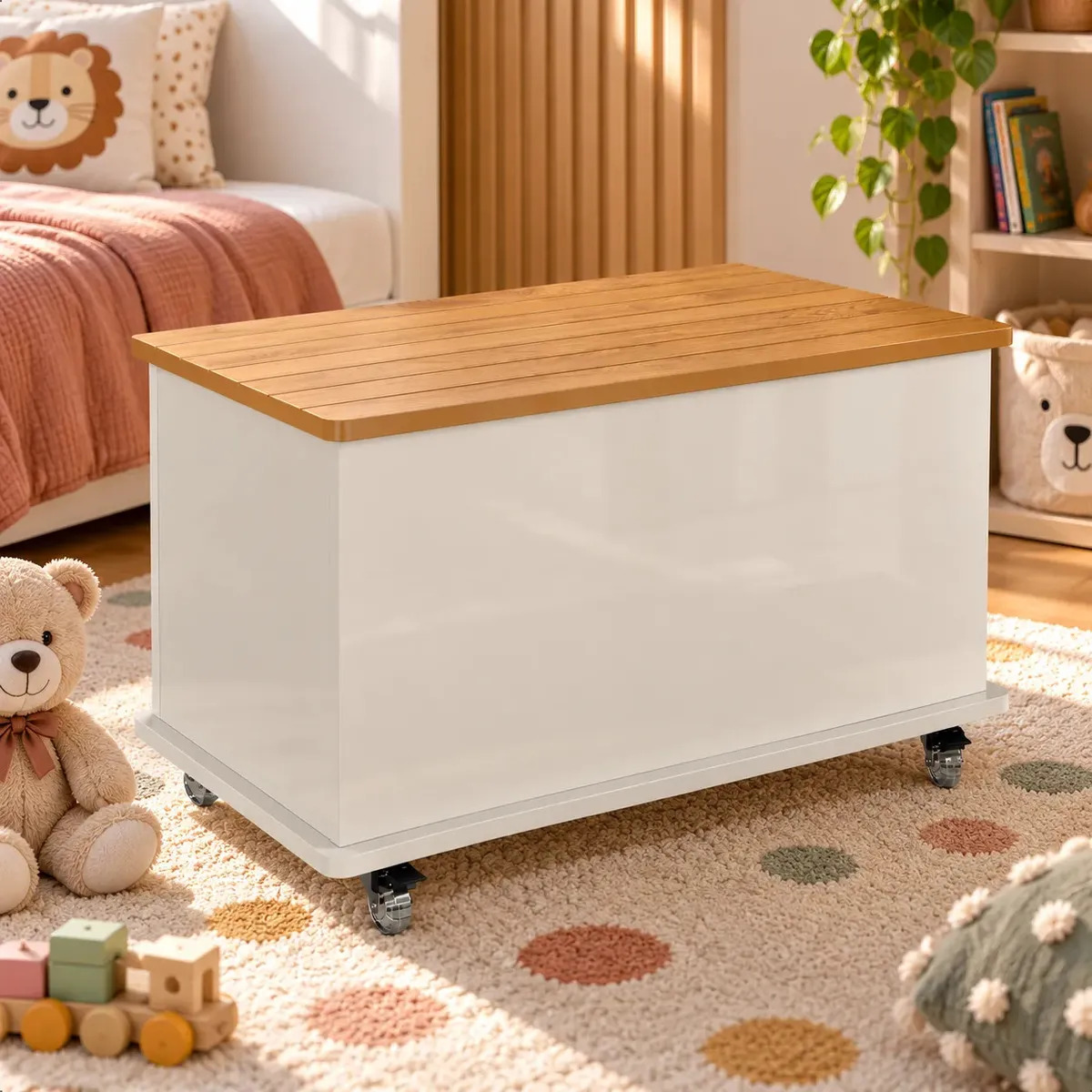 Banco Baú Luquinha Off White/Cedro com Tampo Frisado Efeito Ripado, Rodízios em Gel, Dobradiça com Amortecimento e Cantos Arredondados para Organização e Decoração