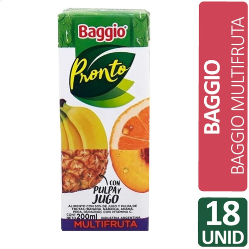 Imagen 1 de 6 de Jugo Baggio Multifruta 200ml Pronto Natural Pulpas Pack X18