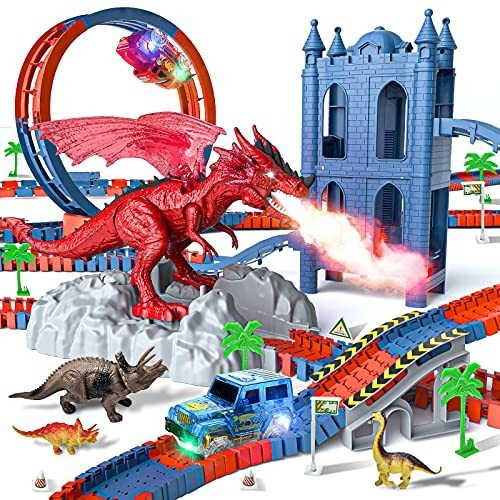 Dinosaur Toys Race Track With 2 Race Cars, 230 Piece Flexib