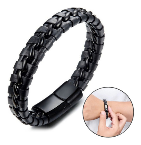 Pulseira Masculina Homens Luxo Couro E Aço Negro C/ Garantia