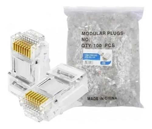 Kit 100 Conector Rj45 Utp Cat5e Banho De Ouro Cabo De Rede