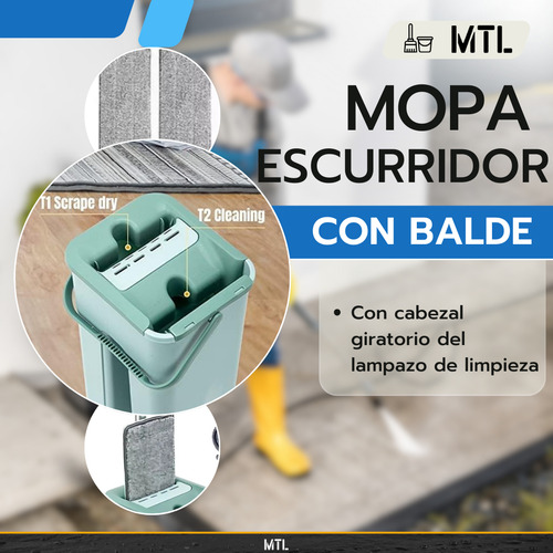 Mopa Plana Trapeador Balde Escurridor 2 Paños Limpieza 360° Color Verde