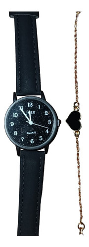 Reloj Analógico Minimalista Negro Dama Fantasía + Pulsera