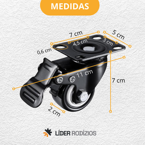 Kit 4 Rodinhas Para Moveis Giratória Reforçada Com Freio Rodas Líder Rodízios Cor Preto