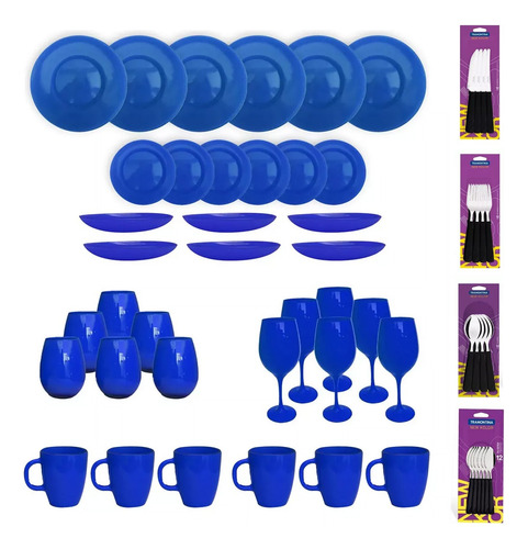 Juego Vajilla 60 Piezas Plato Vaso Copa Cubierto Color Pleno Azul Liso