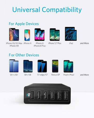 Imagen 2 de 6 de Cargador De Pared - Anker 6 Port Usb - 60w 12amp - Power Iq