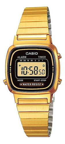 Relógio Casio Dama, modelo LA670wga-1, centro local, cor da malha, cor da malha, cor de moldura dourada, cor de fundo dourada, preto