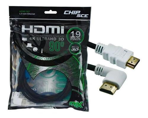 Cabo Hdmi 1.4 Com Plug 90º 4k Ultrahd 3d 19 Pinos Chip Sce