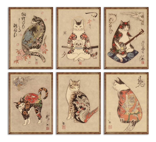 6 Piezas De Arte De Pared De Gato Samurái Japonés De Cartele
