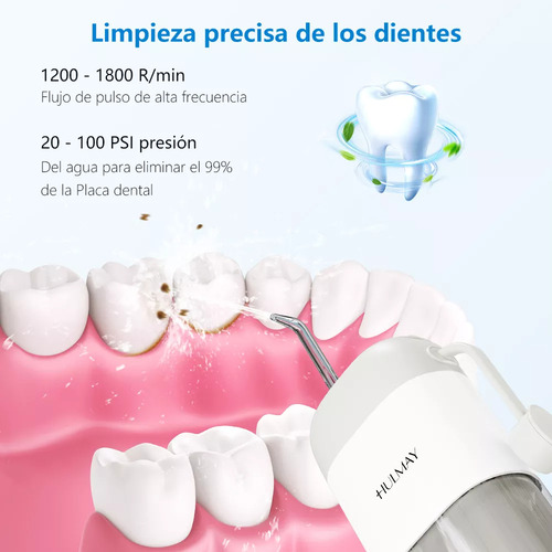Irrigador bucal Hulmay recargable con 6 boquillas, palillo de dientes inalámbrico, portátil, recargable, para viajes, IPX7, resistente al agua, para limpieza dental en casa.