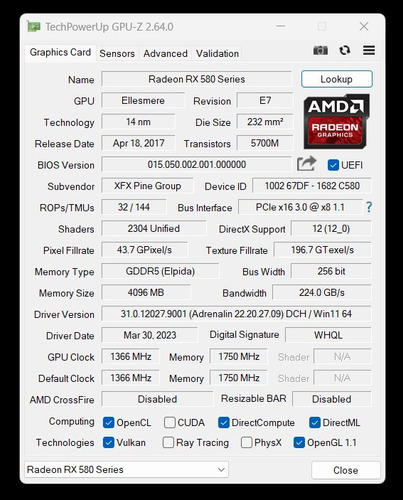 Tarjeta Grafica Xfx Amd Radeon Rx 580 Gts Xxx Edition 4gb (Usado)