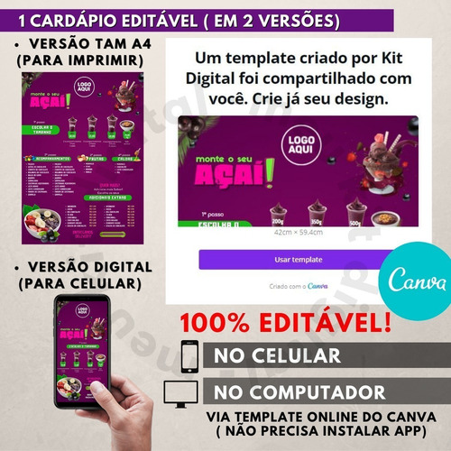 Imagem 4 de 10 de Cardápio Açaí E Sorvete+ Cartão Virtual + Artes Instagra