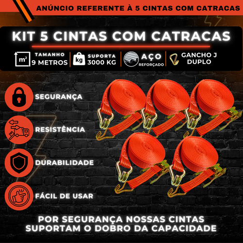 Kit 5 X Cinta Catraca 3 Toneladas Cinta Para Amarração Gancho Tipo J 9 Metros Suporta Até 3000 Kg Atmas