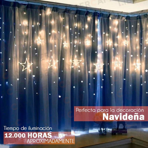 Imagen 3 de 10 de Cortina Guirnalda Estrellas Luz Led Calida Amarilla Efectos