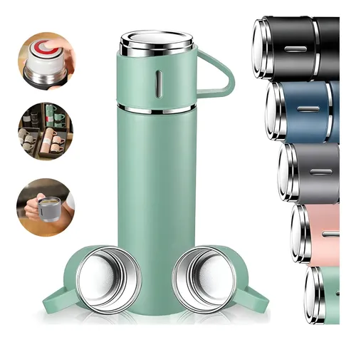 Kit Garrafa Térmica 500ml Vacuum Flask Set C/ 3 Xicaras Verde