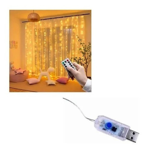 Cortina Luces Led 3x2 Mts Calida Conexión Usb Control Remoto