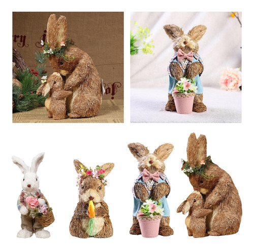 Encantadora Paja Conejo De Pascua Estatuilla Arte 24x15x33cm
