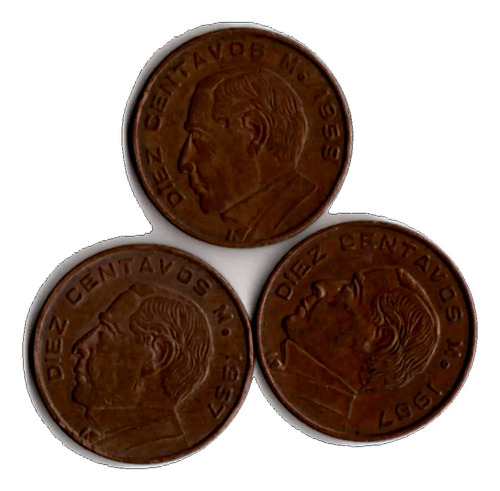 Moneda 10 Centavos 1957 1959 1967 Juarez Cobre Tres Moneda