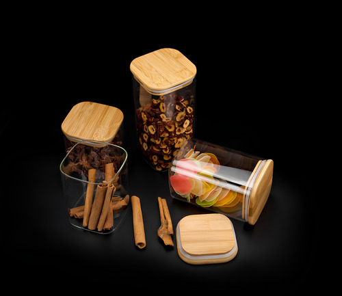 Kit 3 Potes De Vidro Com Tampa De Bambu 1 Litro Quadrado Pçs