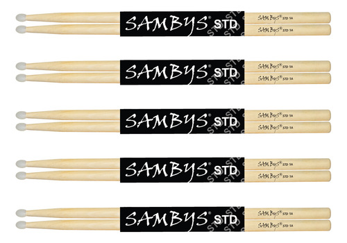 Pack X5 Palillos Batería Baquetas Sambys Std 5b Punta Nylon