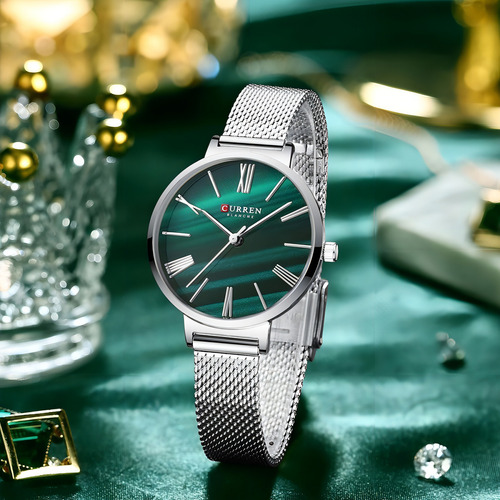 Reloj Casual De Cuarzo Impermeable Con Cinturón De Malla Cur Color De La Correa Verde Plata