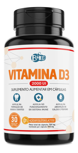 Vitamina D3 2000 Ui 100% Colecalciferol Pura 30caps Softgels