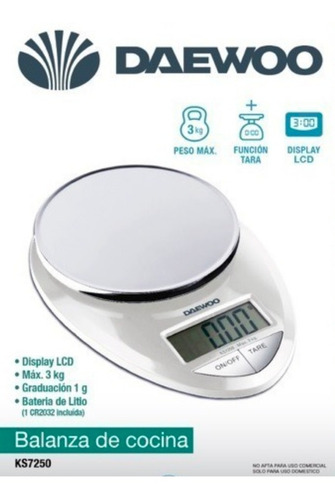 Imagen 2 de 7 de Balanza De Cocina Digital Daewoo Ks7250 Pesa Hasta 3 Kilos