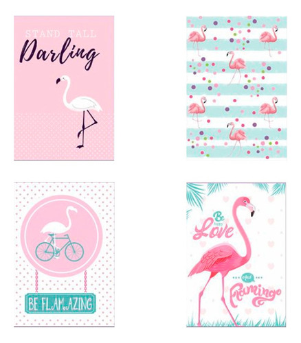 Kit 5 Cadernos Pequenos 1/4 Brochurão Flamingos Pink 96fls