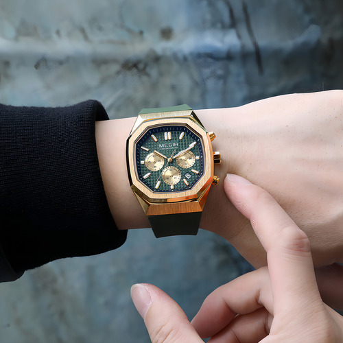 Calendario De Moda Reloj Cronógrafo Cuadrado Megir Color De La Correa Dorado