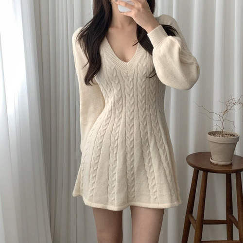 Elegante Minisuéter De Punto Con Cuello En V Y Manga Larga E