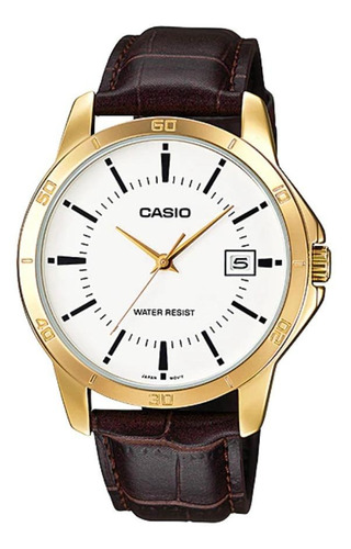 Reloj pulsera Casio MTP-V004 con correa de cuero color marrón - fondo blanco - bisel dorado