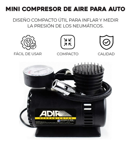 Compresor De Aire Mini Batería Portátil Adir 658 350 Psi 1 Manómetro Color Negro Negro