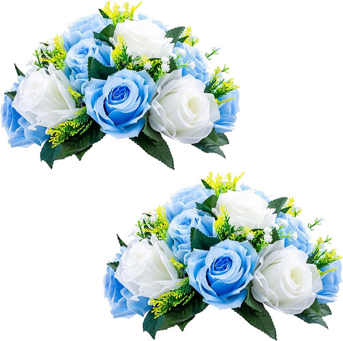 Flores Artificiales 15 Cabezas De Rosas Azul Y Bla  Pack 2u.