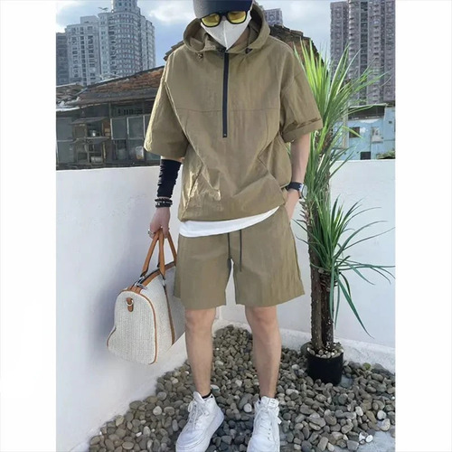 Camisa Cargo Set De Manga Corta Con Capucha Y Pantalones Cor