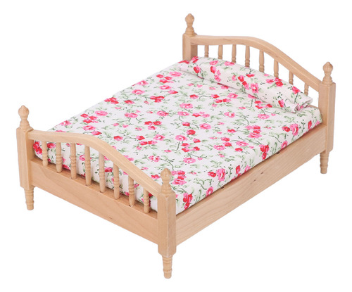 Cama De Casa De Bonecas Em Miniatura 1/12 Elegante De Madeir