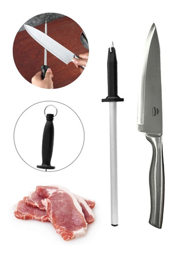 Cuchillo + Chaira Afilador Prof. Chef Cocina Carne  Sashimi 