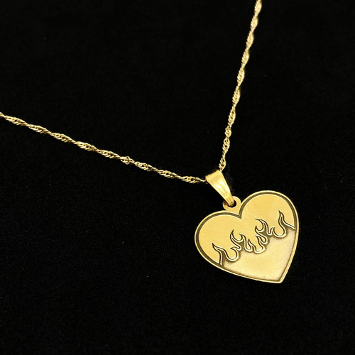Cadena Y Dije Corazón Llamas Fuego Ardiente Oro 18k Oro 18k 50 Cm
