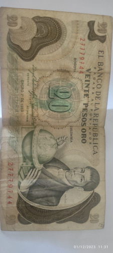 Billete De 20 Pesos De Oro Republica De Colombia